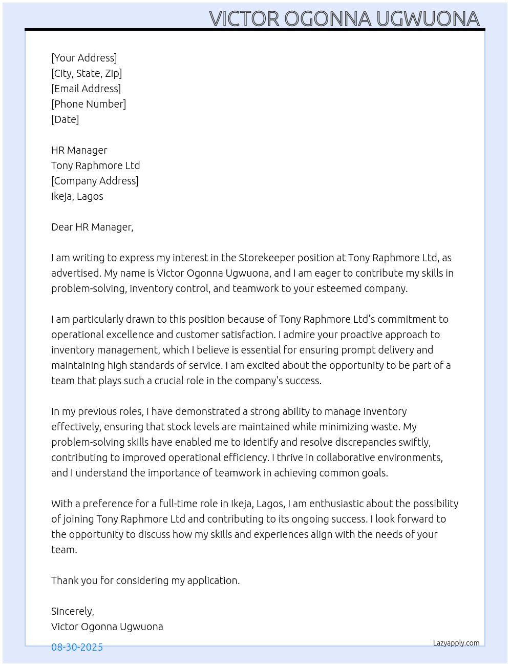 Storekeeper  At Tony Raphmore Ltd  Cover Letter