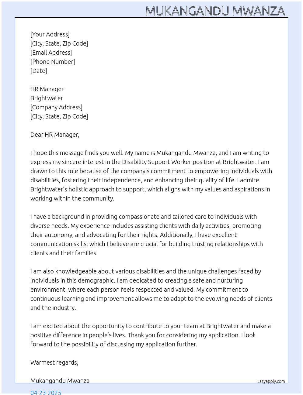 Disability Support worker At Brightwater Cover Letter