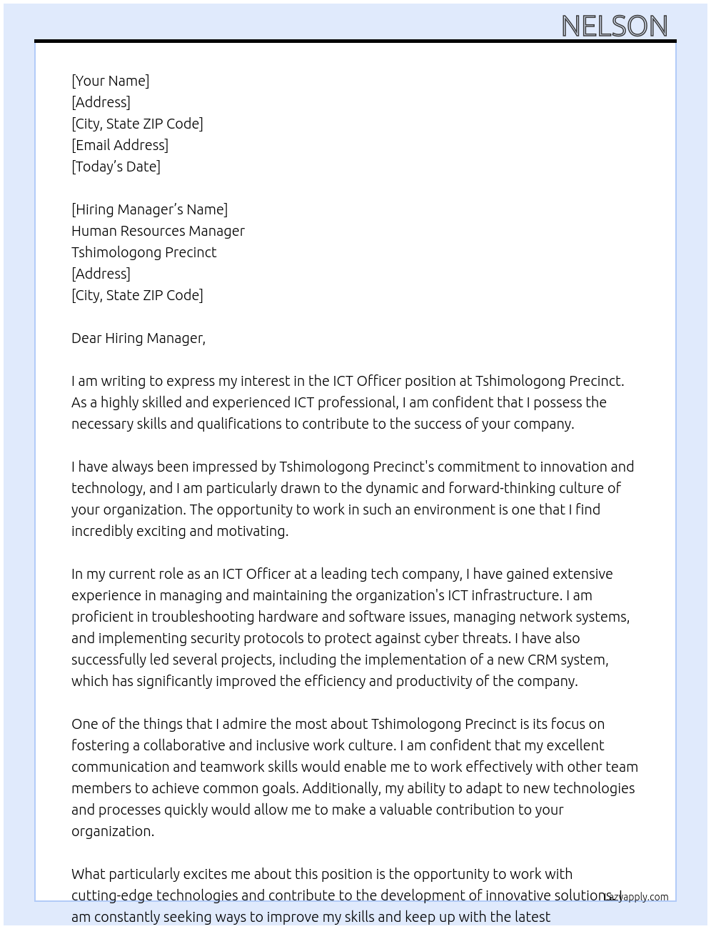 ICT Officer At Tshimologong Precinct Cover Letter