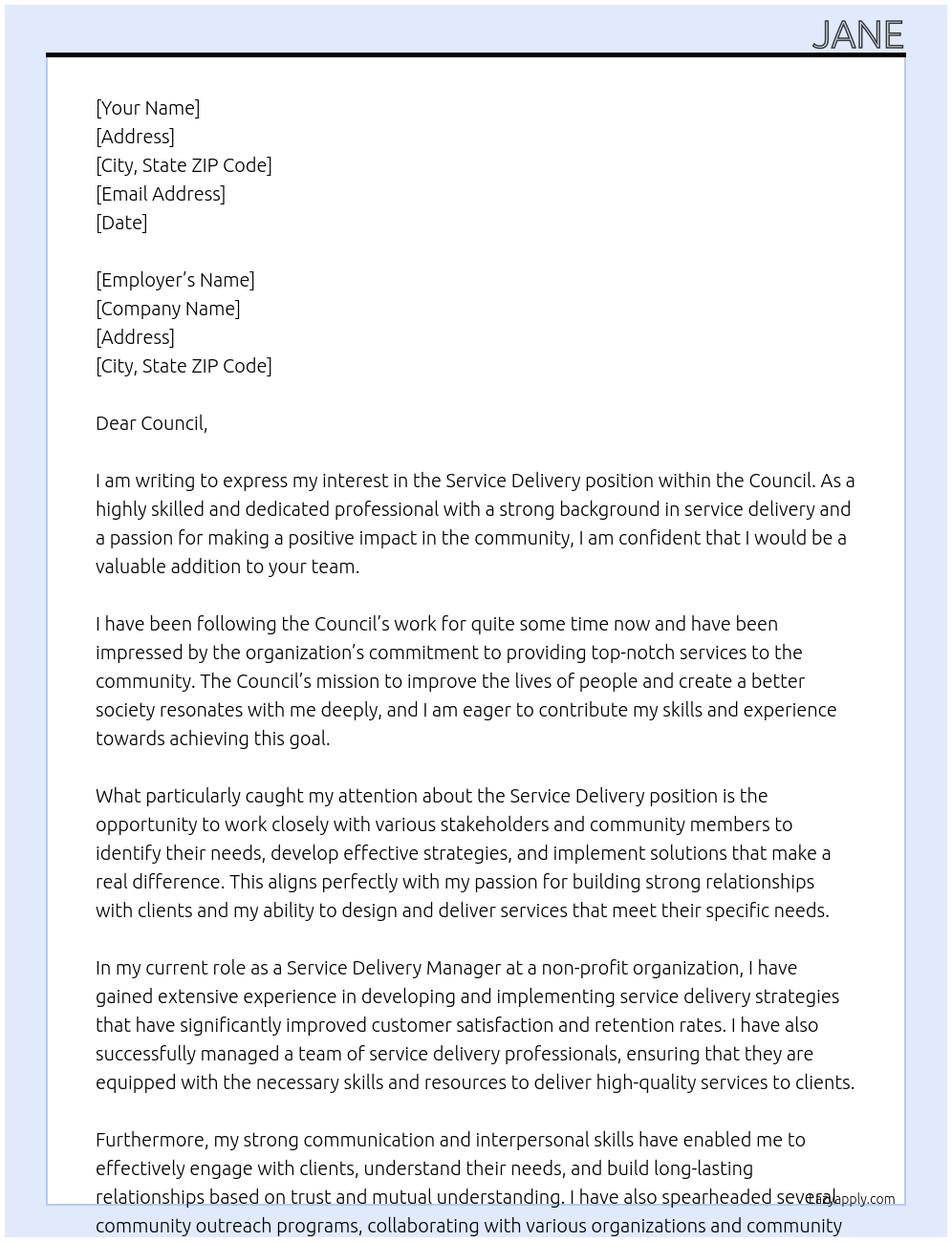 Service Delivery At Council Cover Letter