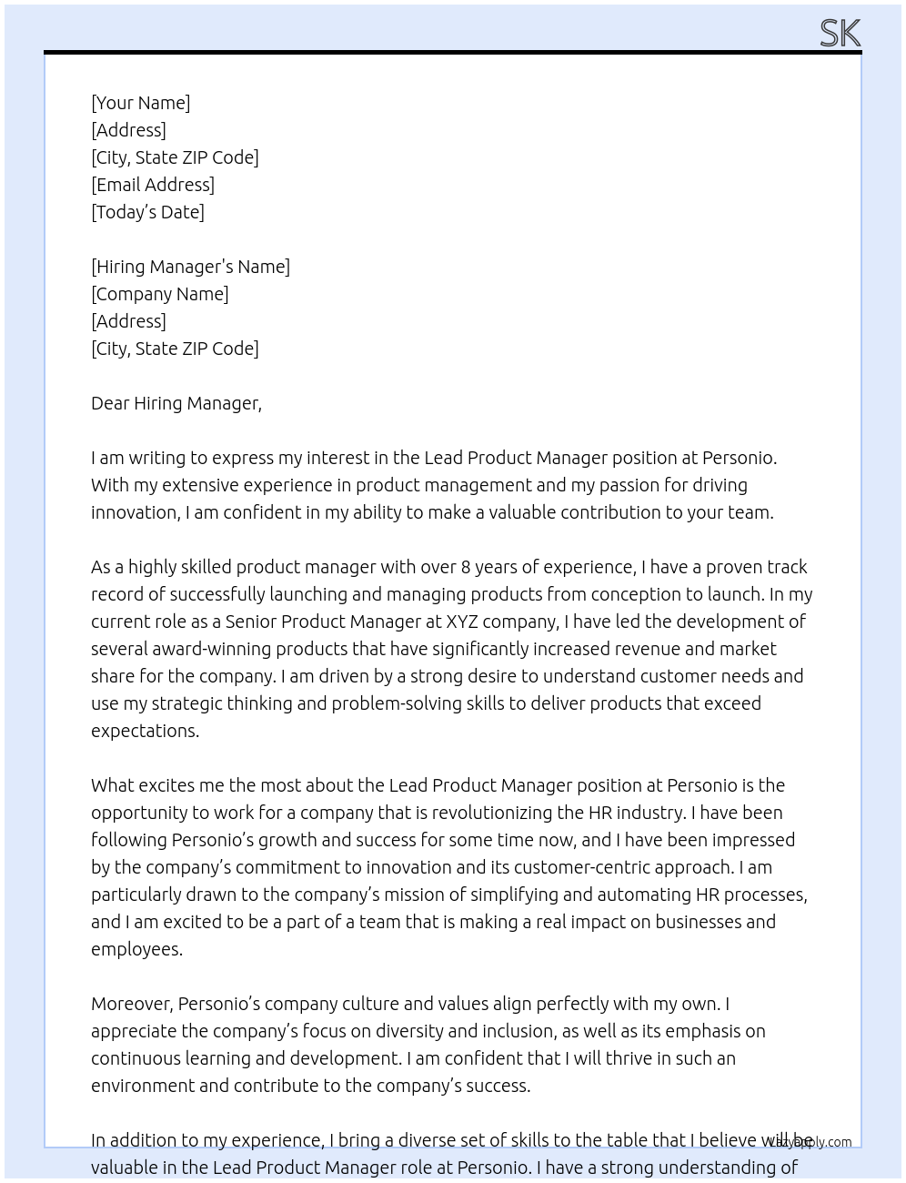 Lead product manager At Personio Cover Letter