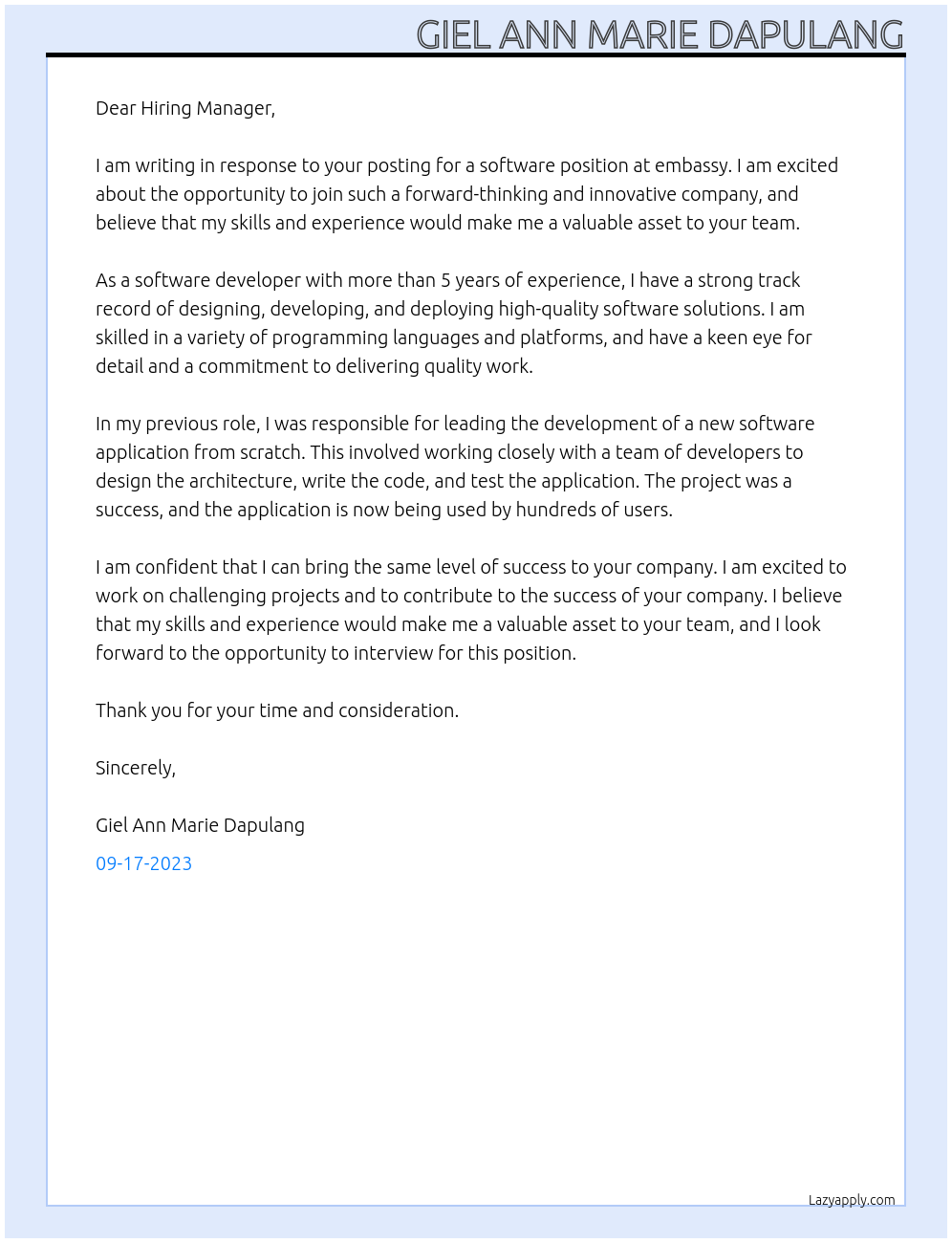 software At embassy Cover Letter