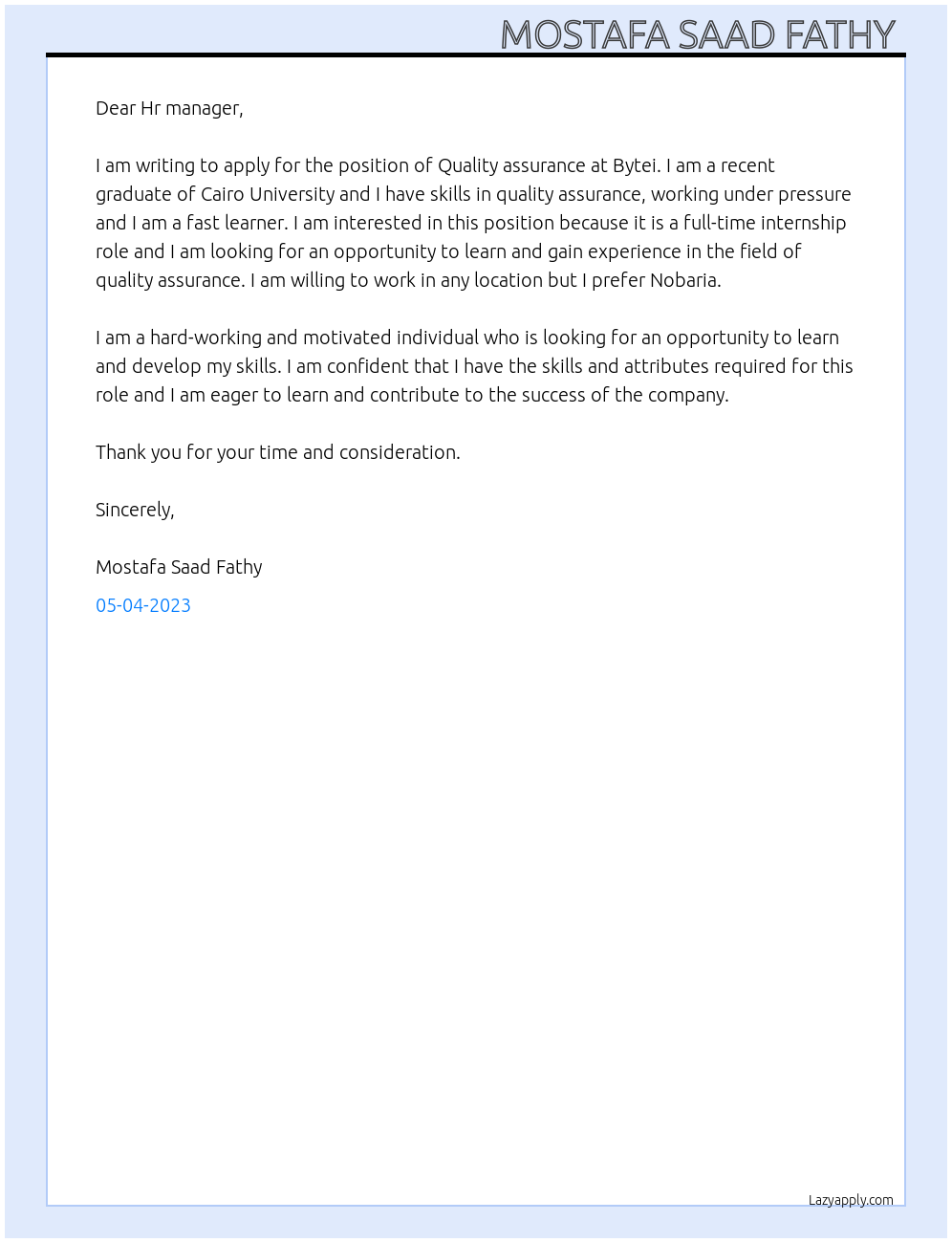 Quality assurance  At Bytei Cover Letter