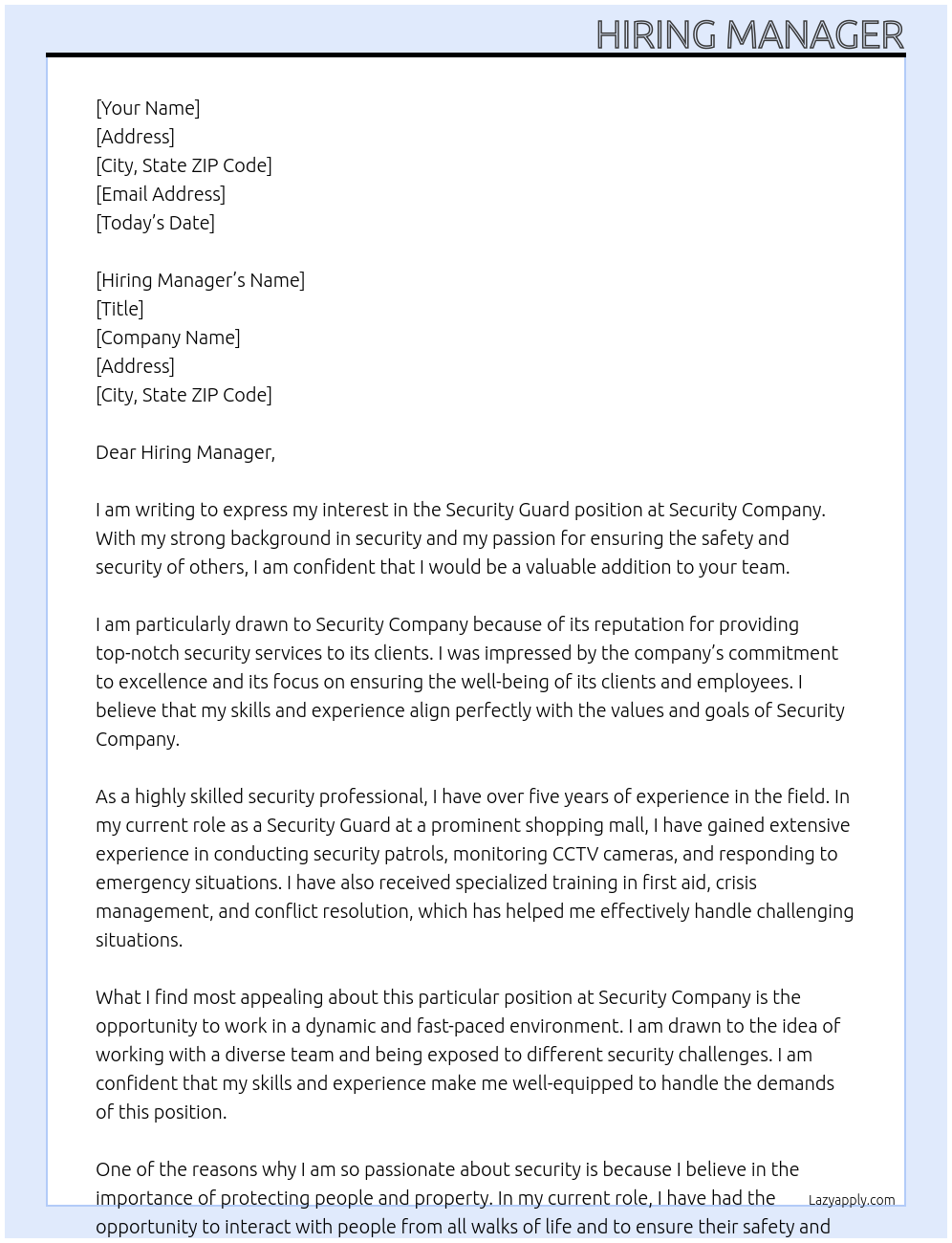 Security guard At Security company Cover Letter