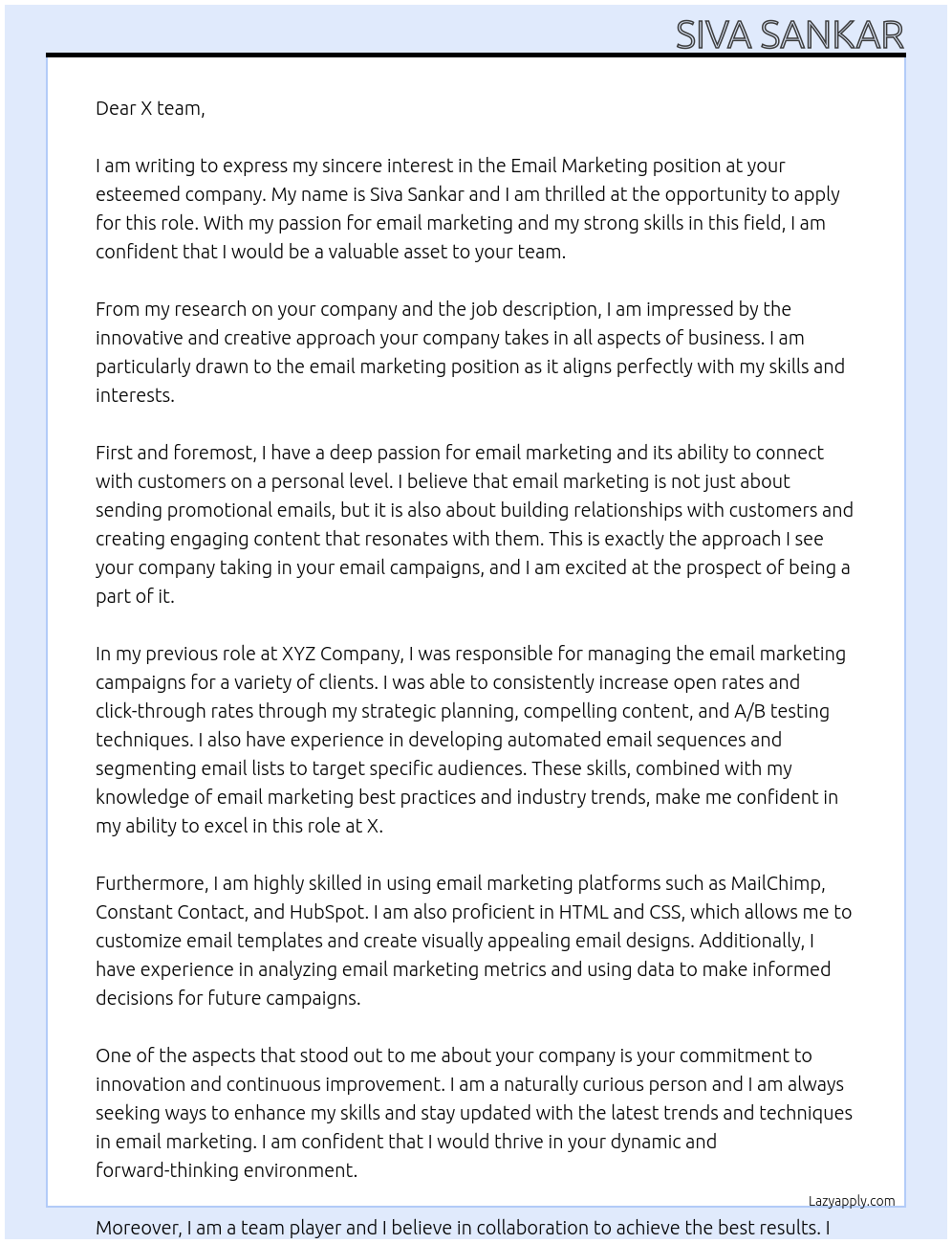 Email marketing At X Cover Letter