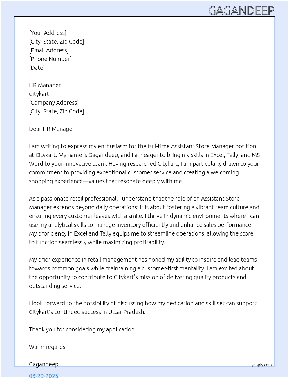 Assistant Store Manager At Citykart Cover Letter