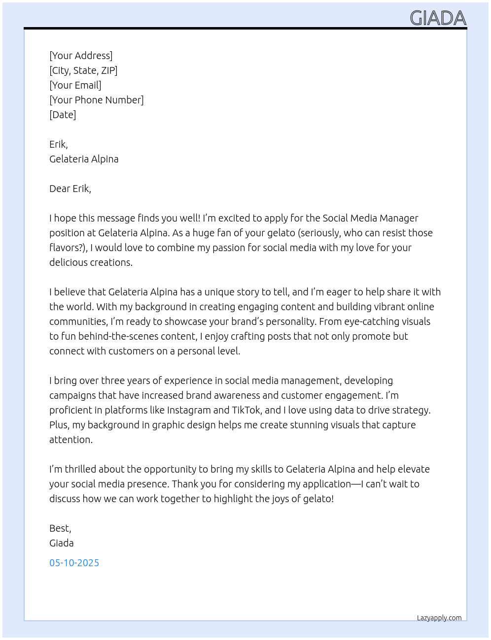 social media manager At gelateria alpina Cover Letter