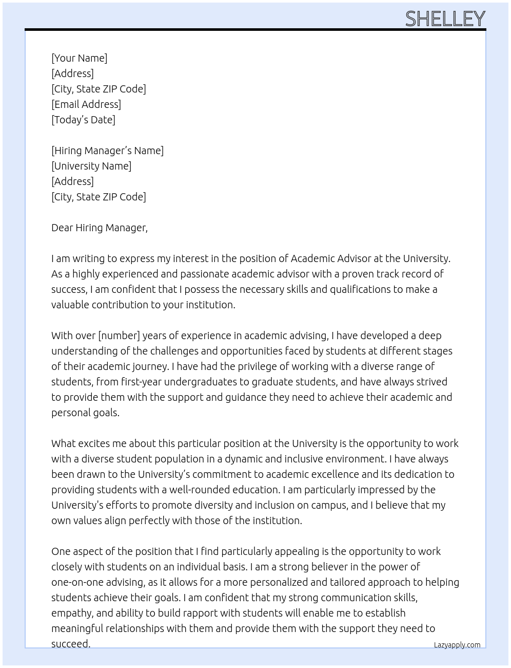 ACADEMIC ADVISOR At UNIVERSITY Cover Letter