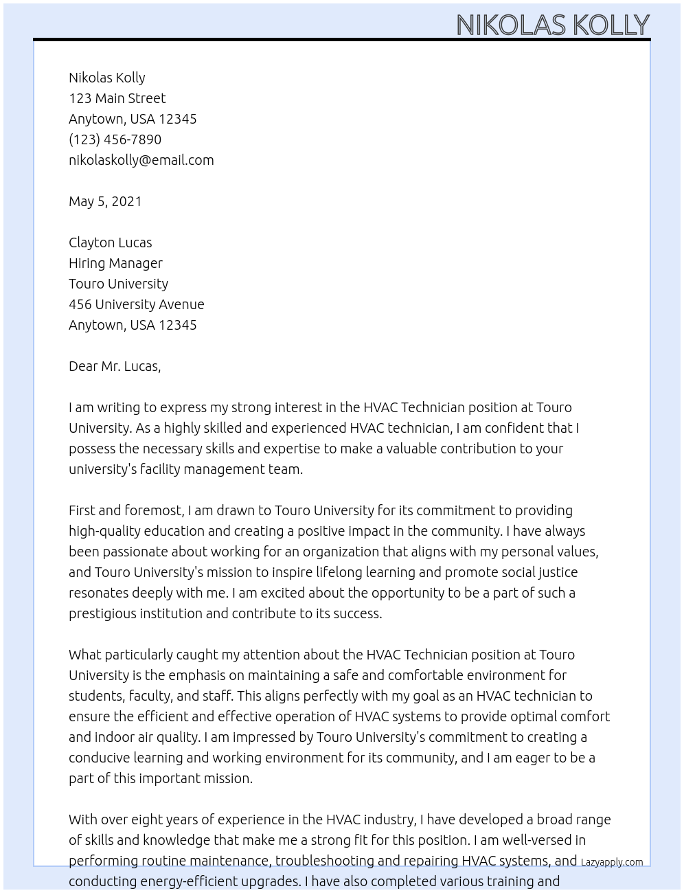 HVAC Technician At Touro University Cover Letter