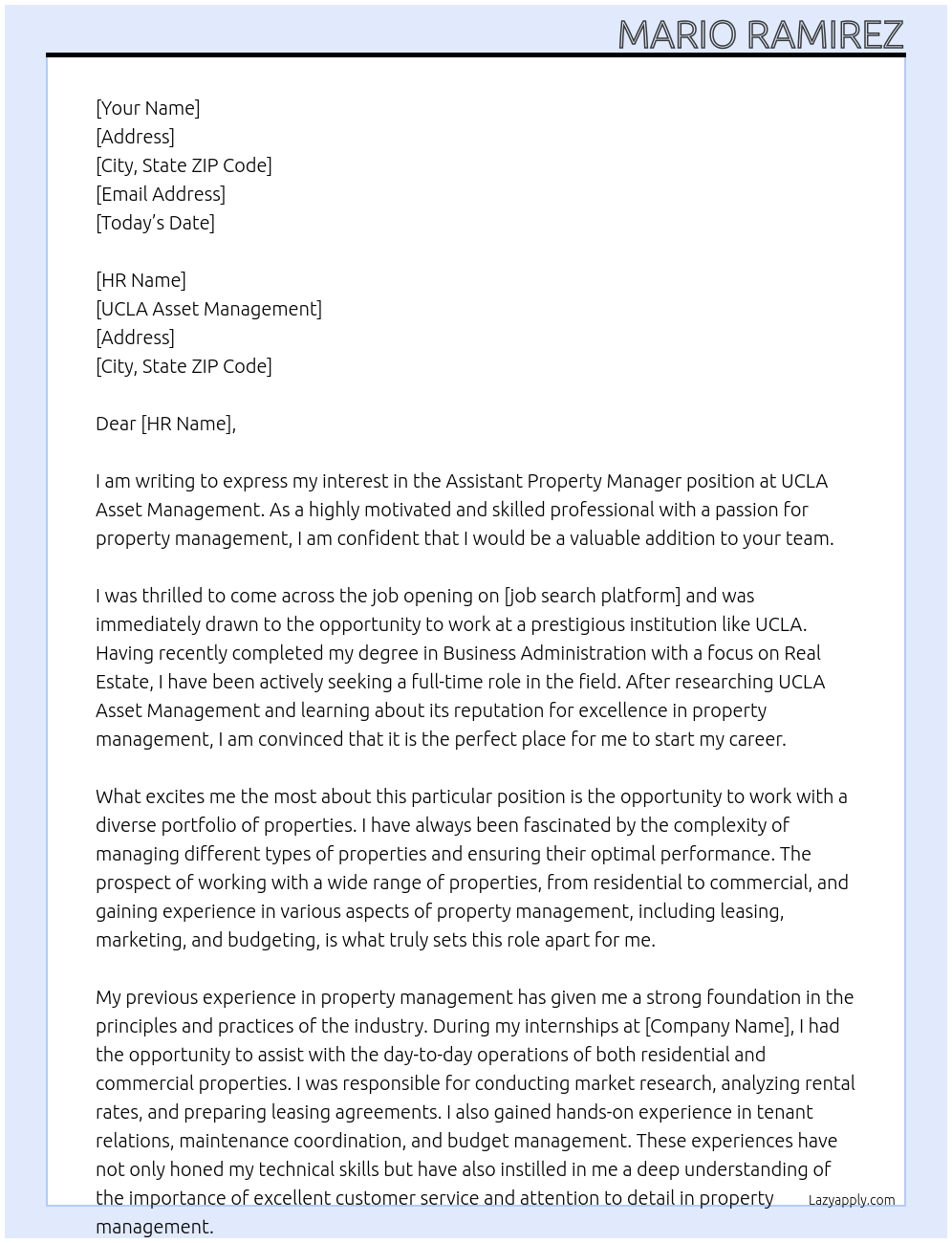 Assistant Property Manager At UCLA Assest Management Cover Letter