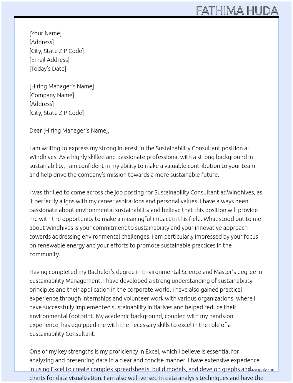 Sustainability consultant  At Windhives  Cover Letter