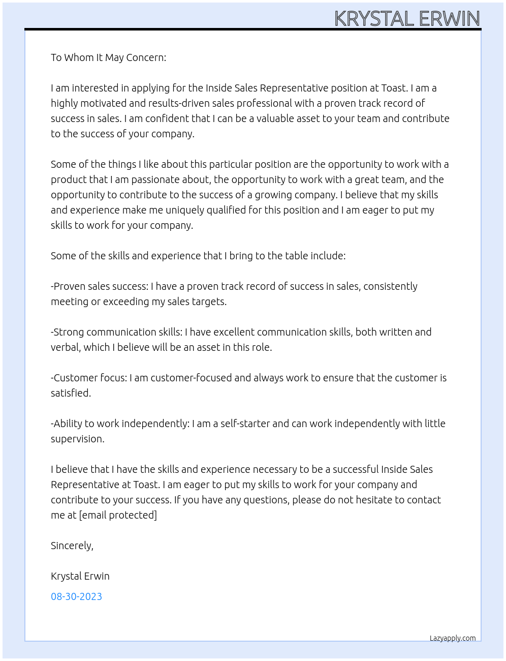 Inside Sales Representative At Toast Cover Letter