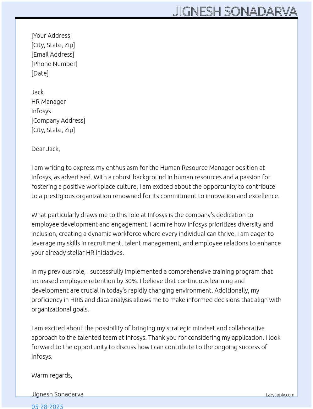 Human Resource Manager At Infosys Cover Letter