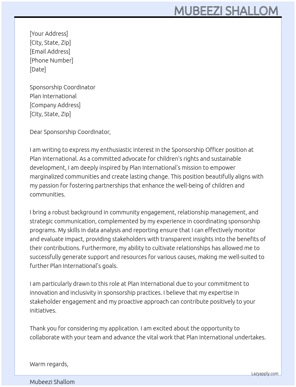 Sponsorship Officer At Plan International  Cover Letter