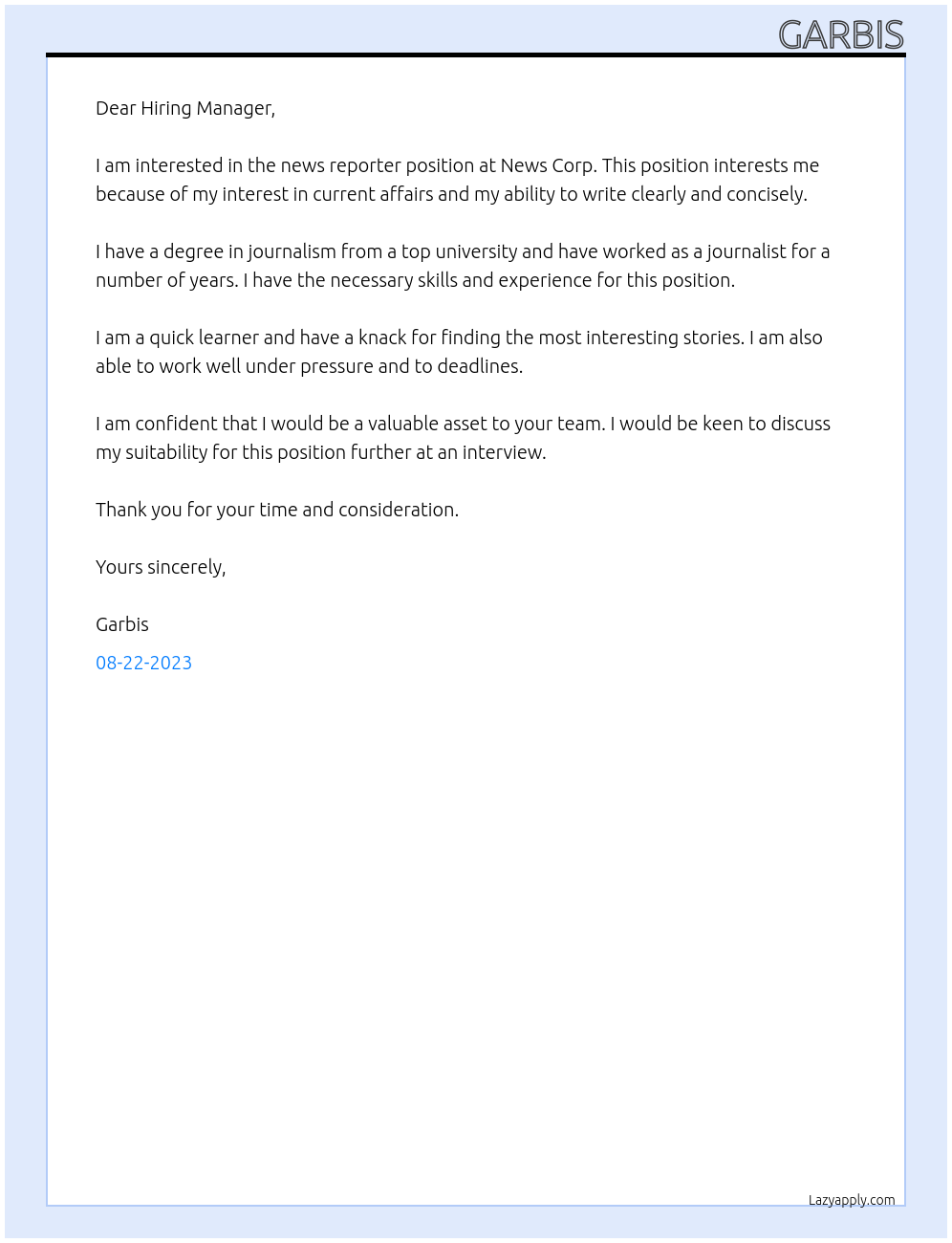 News reporter At News Corp Cover Letter