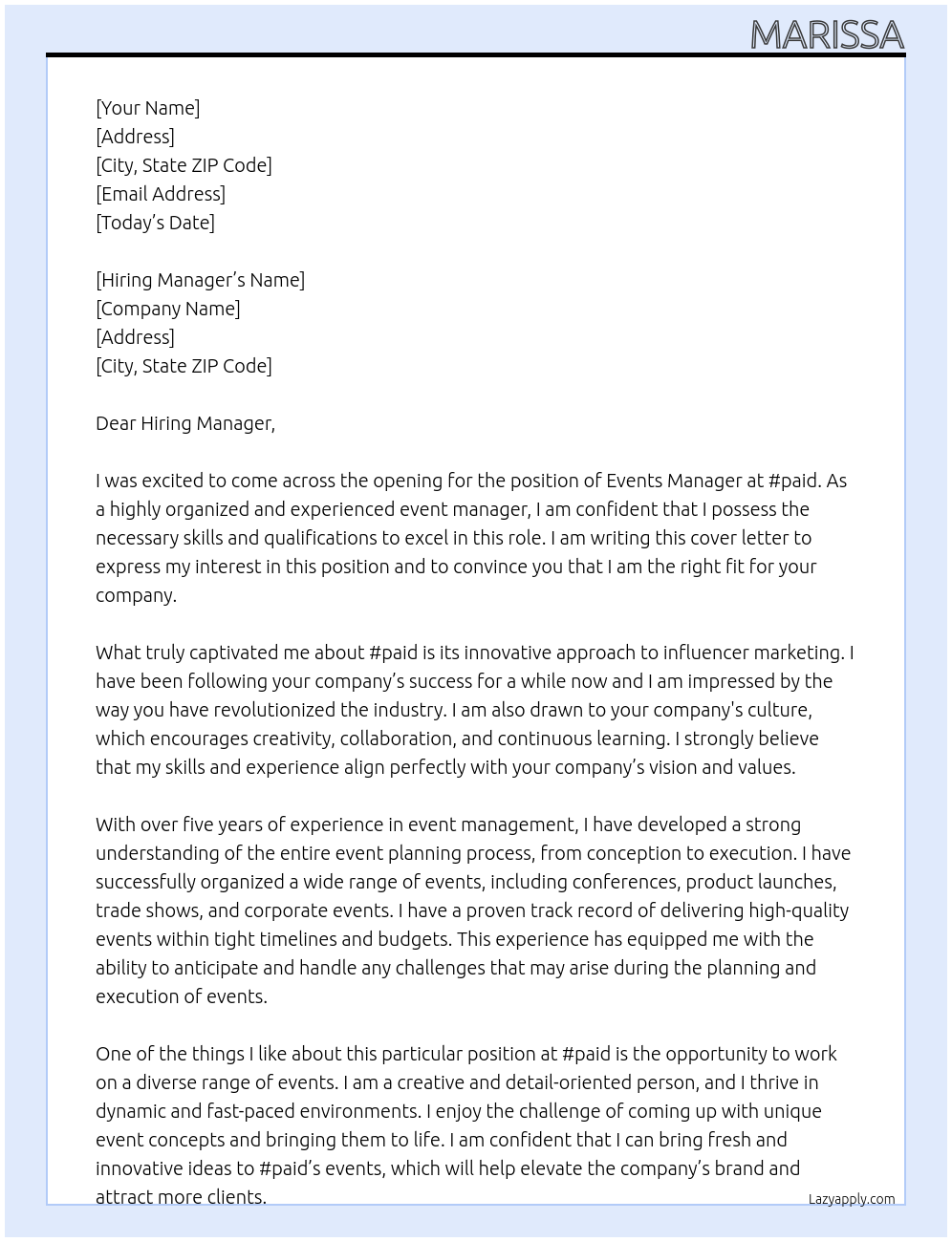 Events Manager At #paid Cover Letter