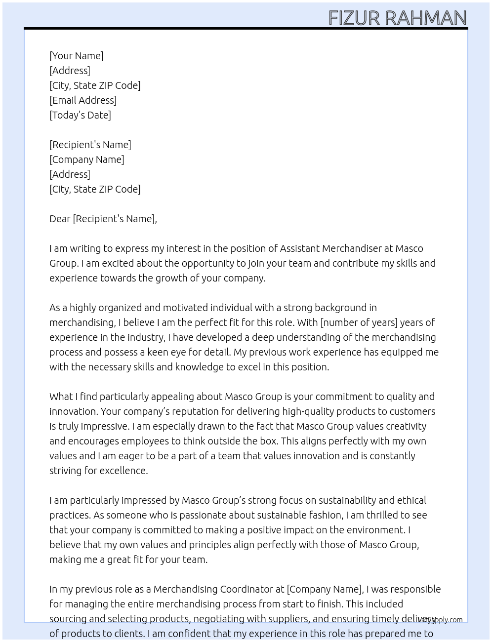 Assistant Merchandiser   At Masco Group Cover Letter