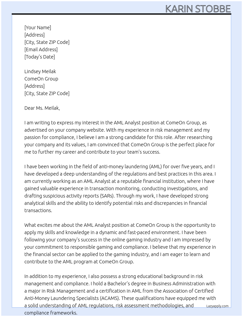 AML Analyst At ComeOn Group Cover Letter