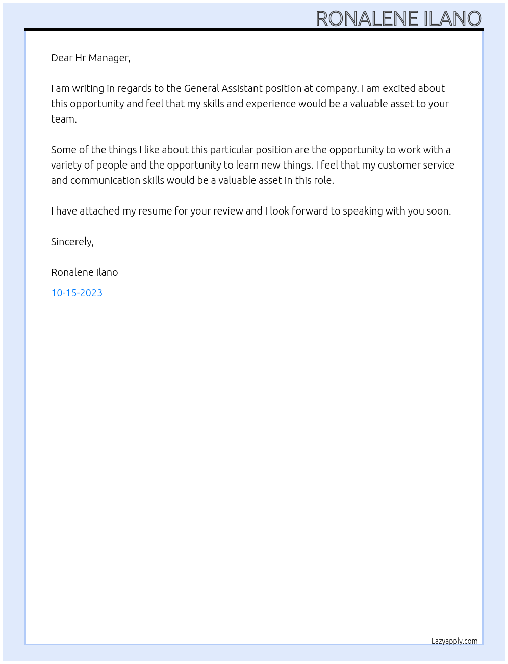 General Assistant At company Cover Letter