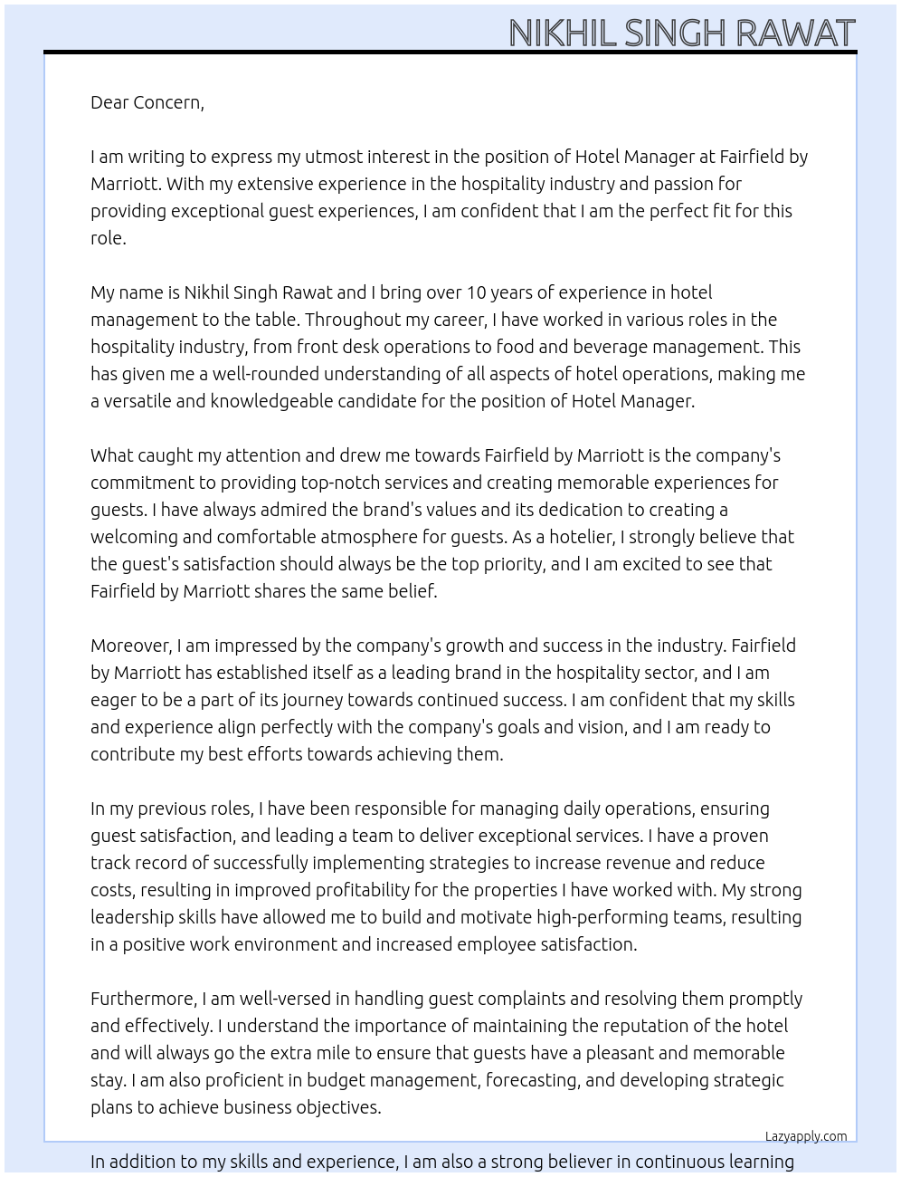 Hotel Manager At Fairfield by Marriott Cover Letter