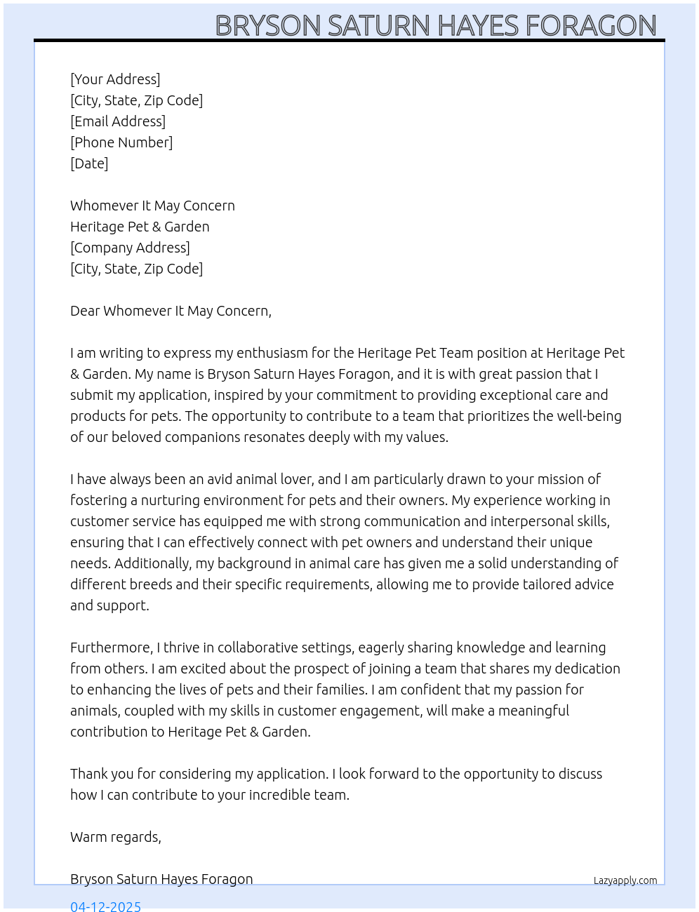 Heritage Pet Team  At Heritage Pet & Garden  Cover Letter