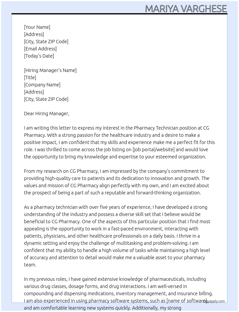 pharmacy technician At CG PHARMACY Cover Letter