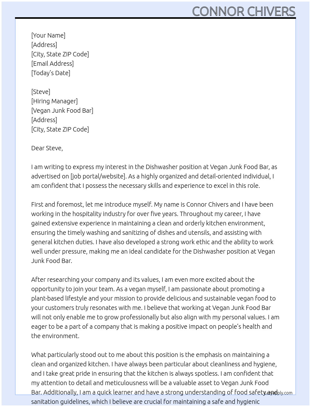 Dishwasher At Vegan Junk Food Bar Cover Letter