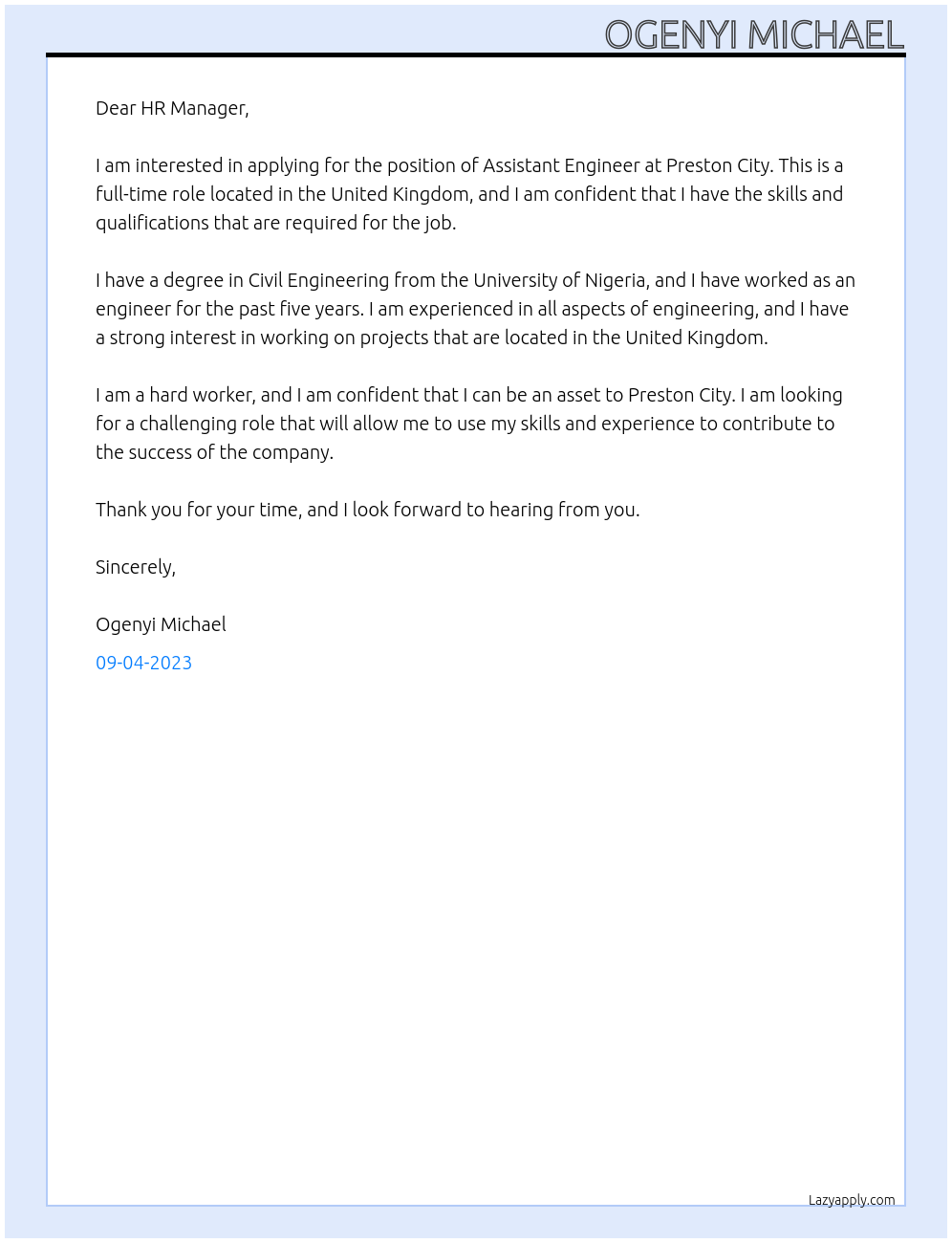 Assistant Engineer At Preston City Cover Letter