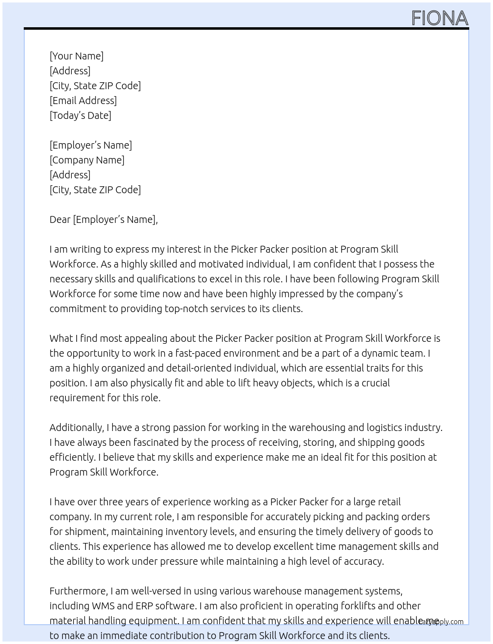 picker packer At program Skill work force Cover Letter