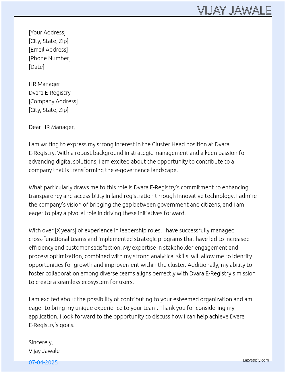 Cluster Head At Dvara E-Registry Cover Letter