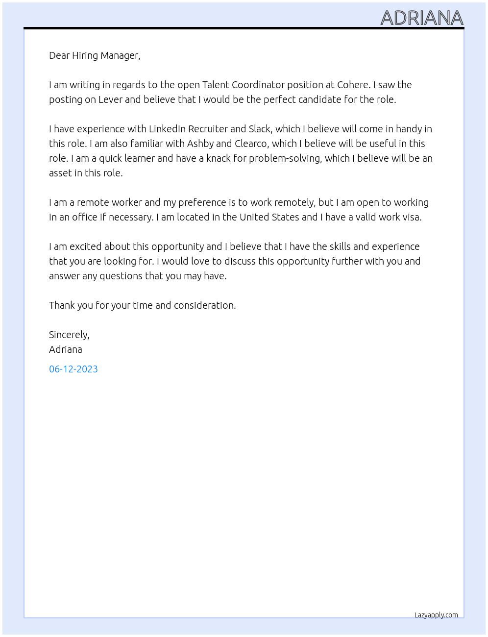 Talent Coordinator At Cohere Cover Letter