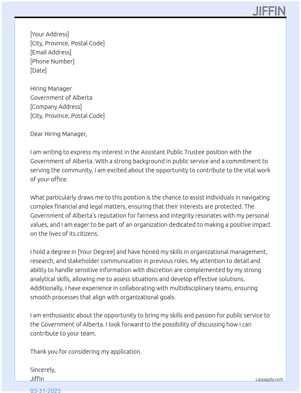 Assistant Public Trustee At Government of Alberta Cover Letter