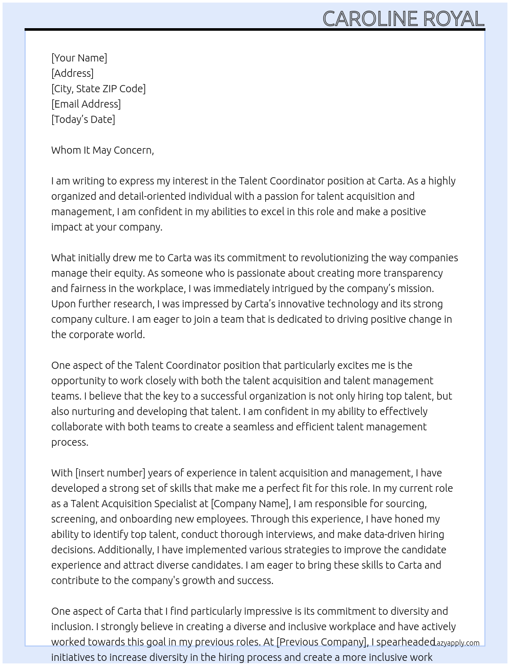 Talent Coordinator At Carta Cover Letter