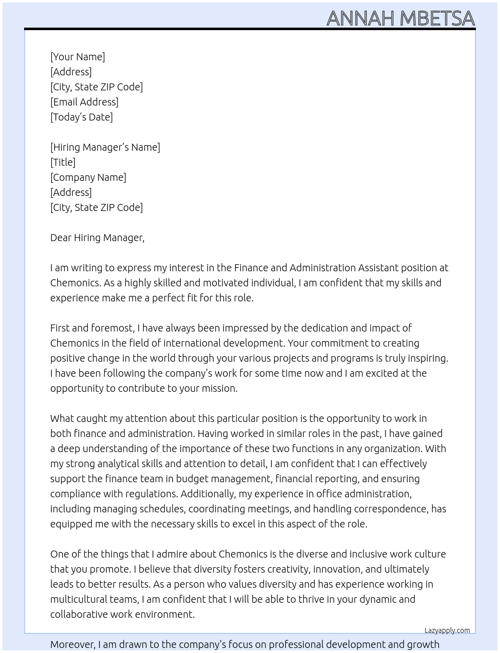 Finance and Adminstration Assistant At Chemonics Cover Letter
