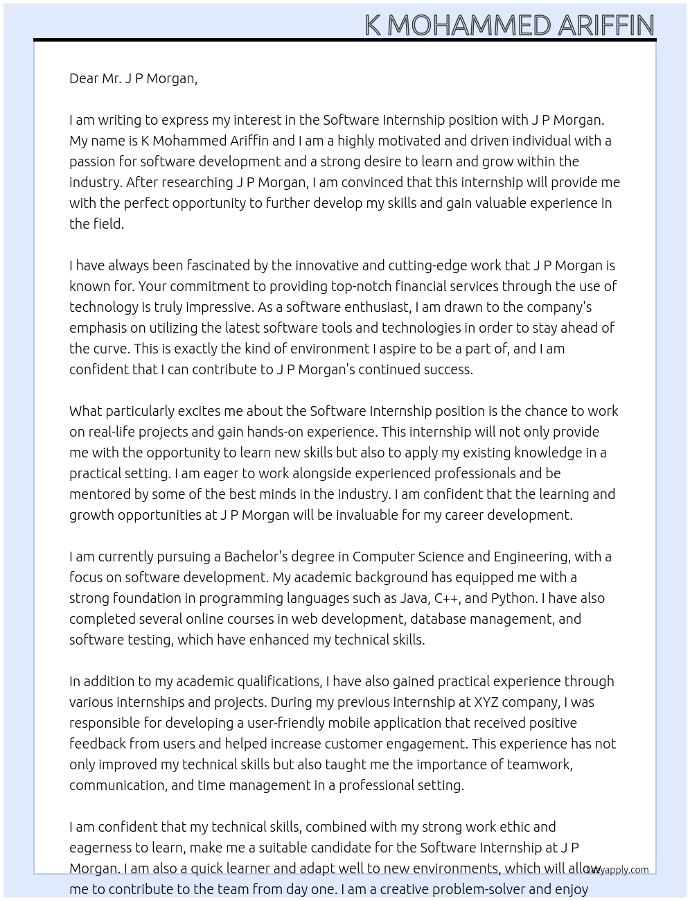 software internship At J P MORGAN Cover Letter
