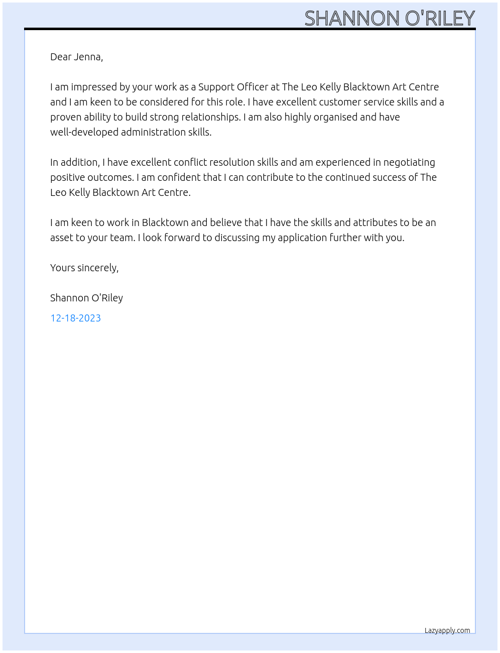 Support Officer At The Leo Kelly Blacktown Art Centre Cover Letter