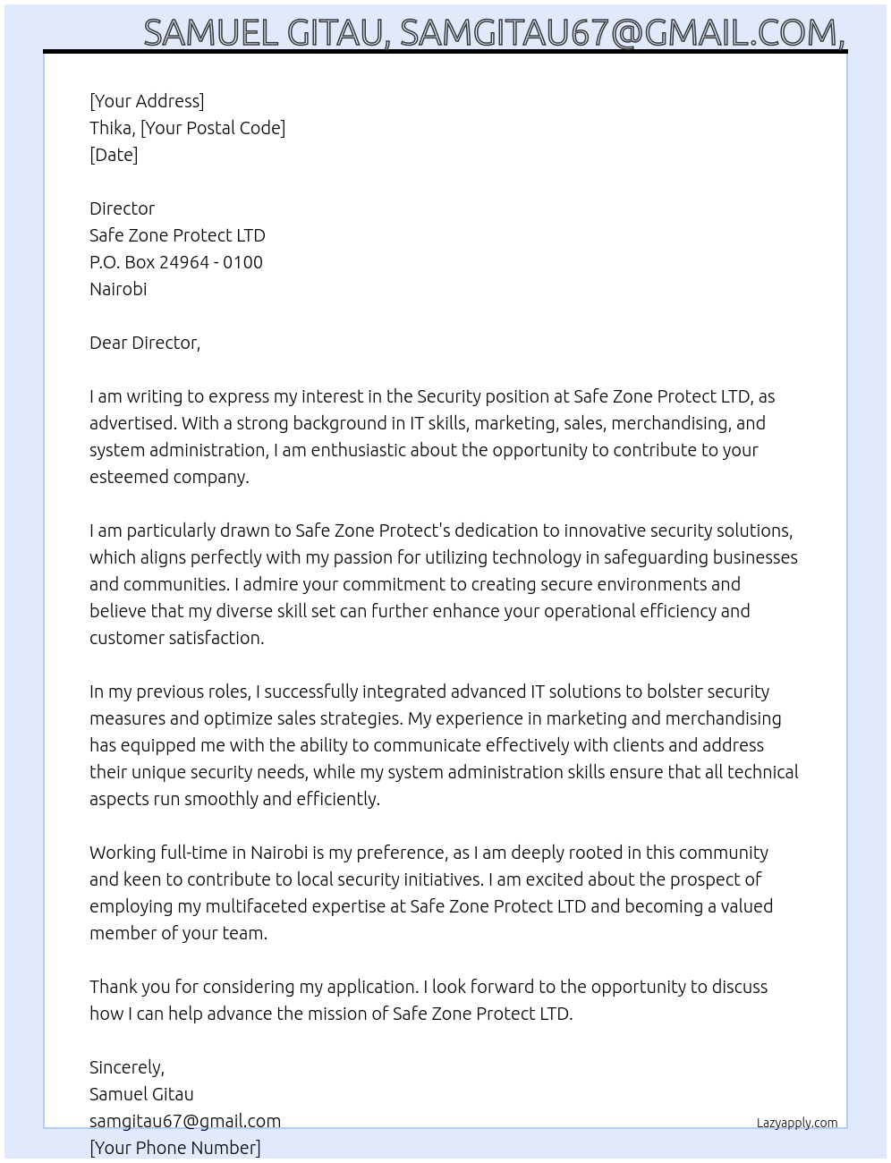 Security At Safe zone Protect LTD Cover Letter