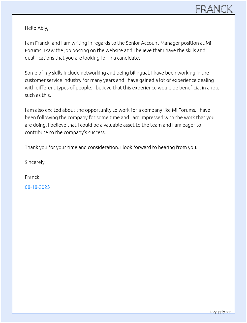 Senior account manager At Mi forums Cover Letter