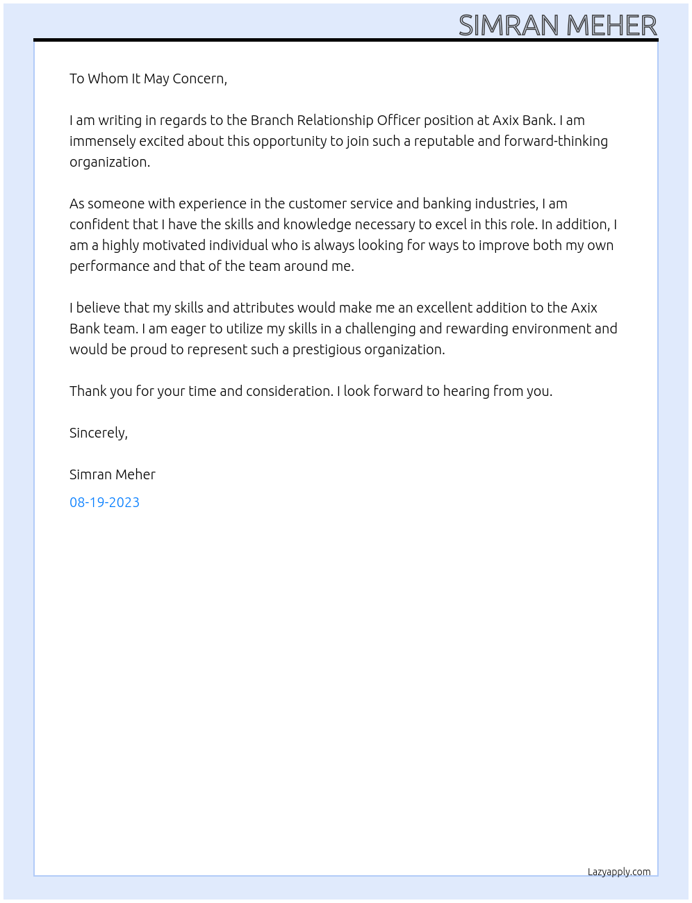 Branch Relationship Officer  At Axix Bank Cover Letter