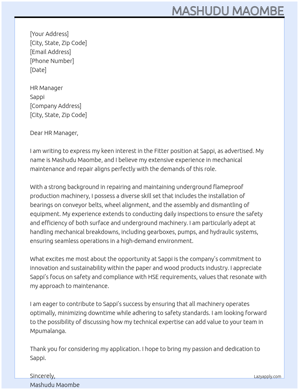 Fitter At Sappi Cover Letter