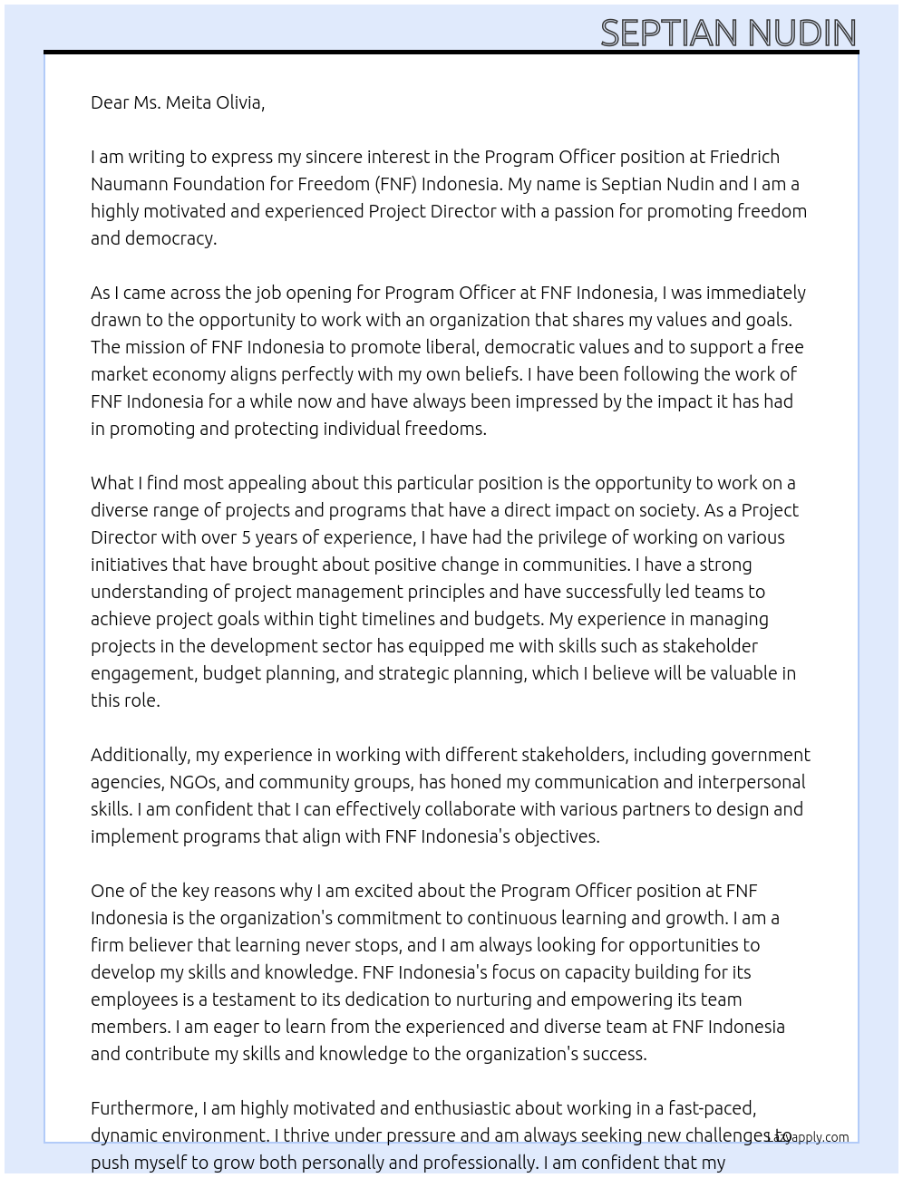 Program Officer At Friedrich Naumann Foundation for Freedom (FNF) Indonesia Cover Letter