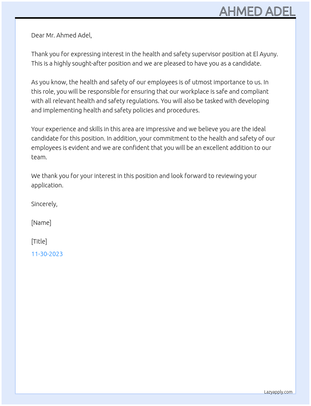 health and safety supervisor At el Ayuny Cover Letter