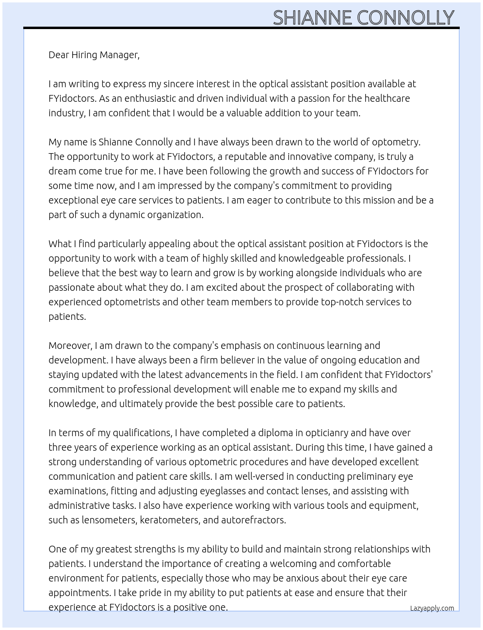 optical assistant  At FYidoctors  Cover Letter