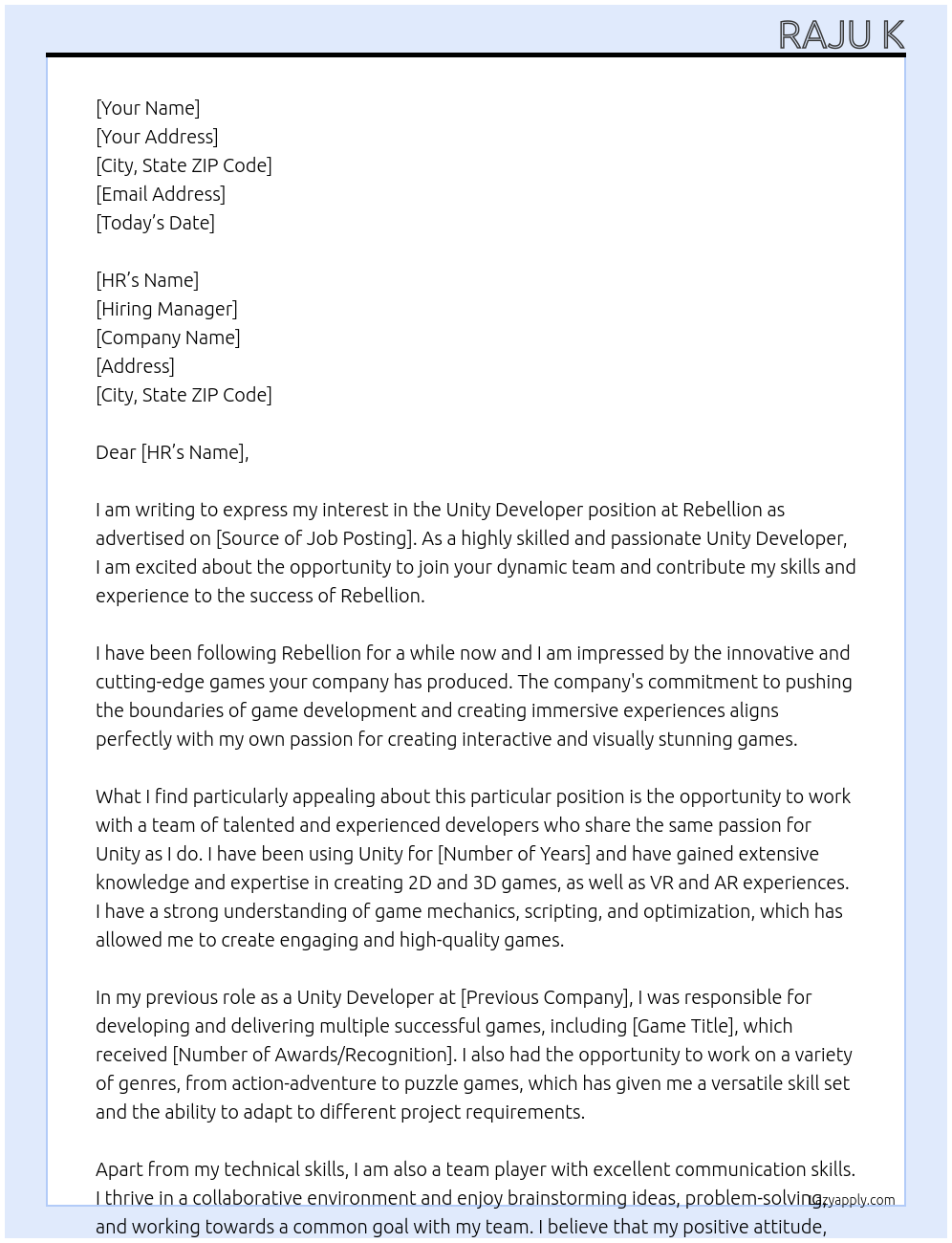 Unity Developer At Rebellion Cover Letter