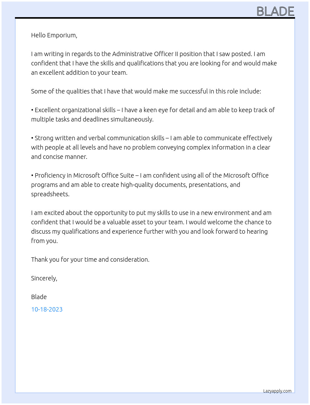 Administrative Officer II At Emporium Cover Letter