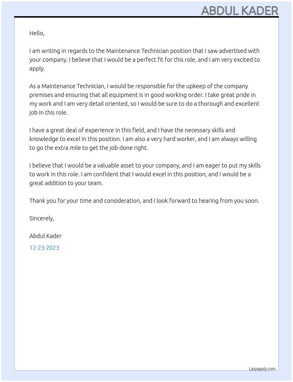 Maintenance Technician At ABDUL KADER Cover Letter