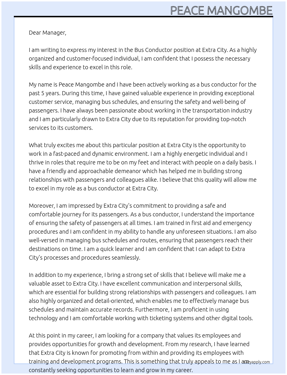 Bus conductor At Extra city  Cover Letter