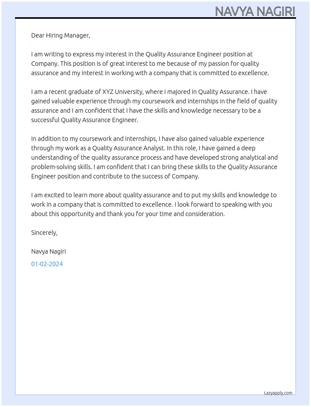 Quality assurance engineer At  Company Cover Letter