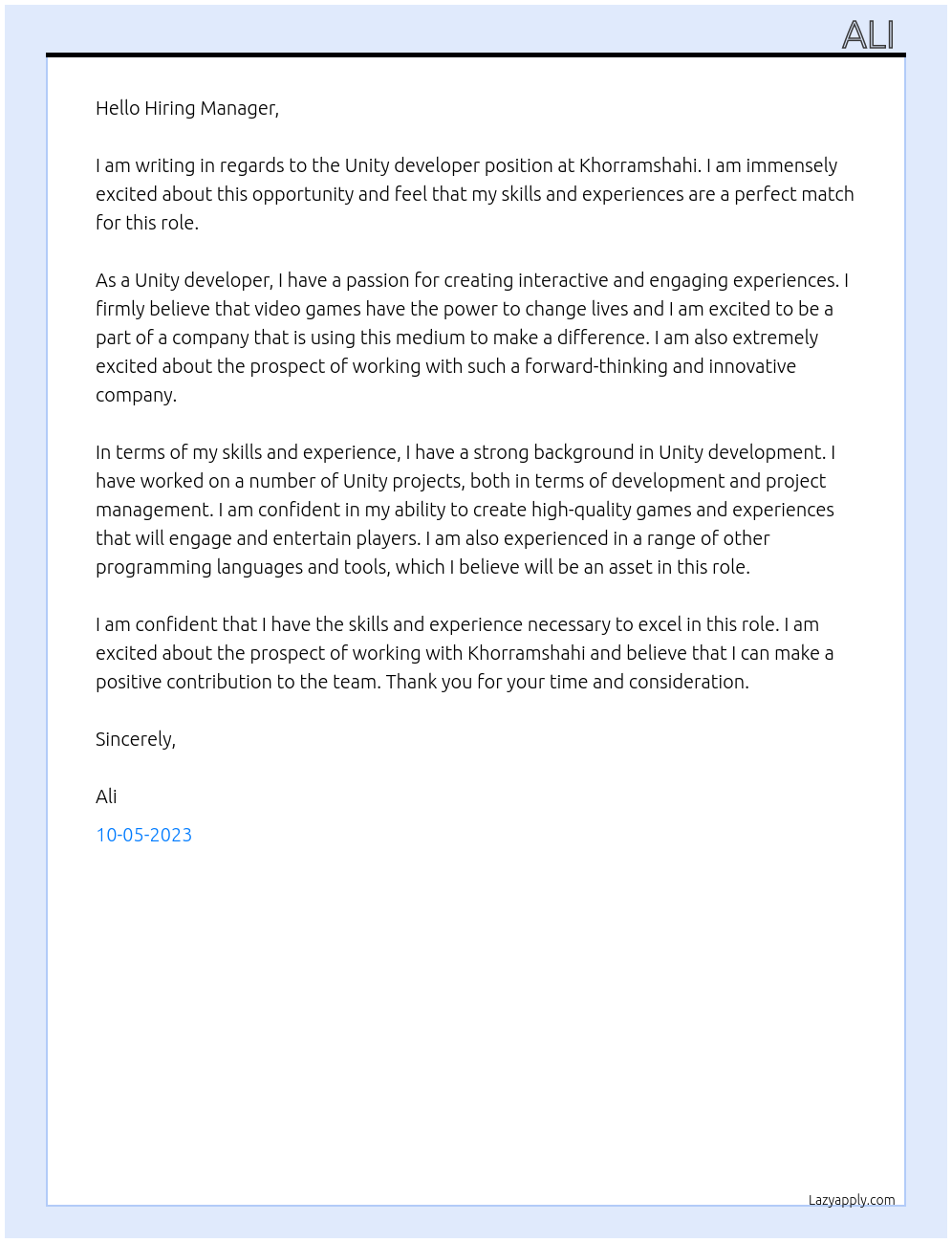 Unity developer At Khorramshahi Cover Letter