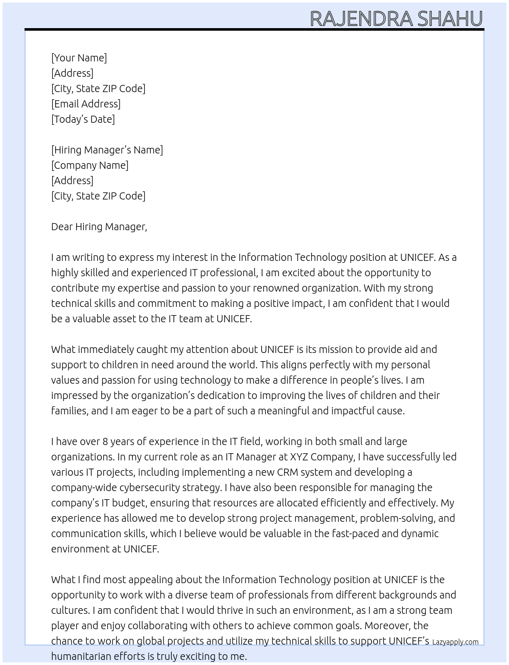 Information Technology At UNICEF Cover Letter
